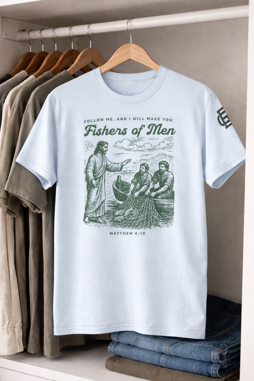 White T-shirt with a graphic of Jesus Christ and two fishermen, with text referencing Matthew 4:19