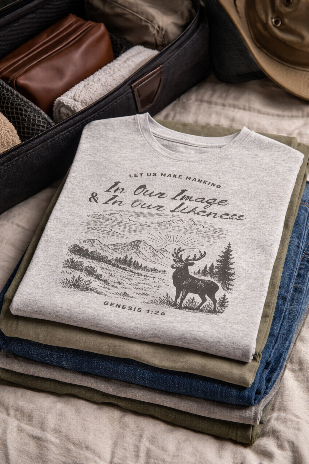 Folded T-shirt with a nature scene and a deer, placed on top of other folded clothes and near a black open suitcase with folded towels and accessories inside.