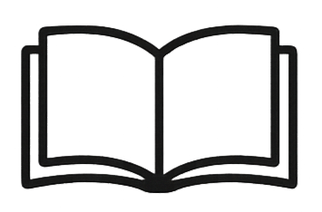 Outline of an open book with blank pages.