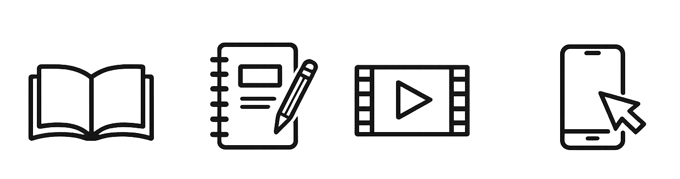 Icons representing a book, a notebook with a pen, a video player, and a smartphone with a cursor.