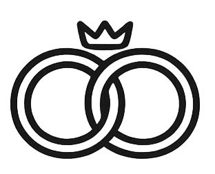 Minimalist black outline of two interlinked rings with a crown on top of the upper ring