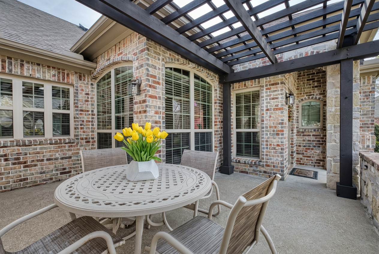 An outdoor patio with brick walls and large windows, covered by a wooden pergola, featuring a white round table with a yellow tulip bouquet, surrounded by metal chairs.