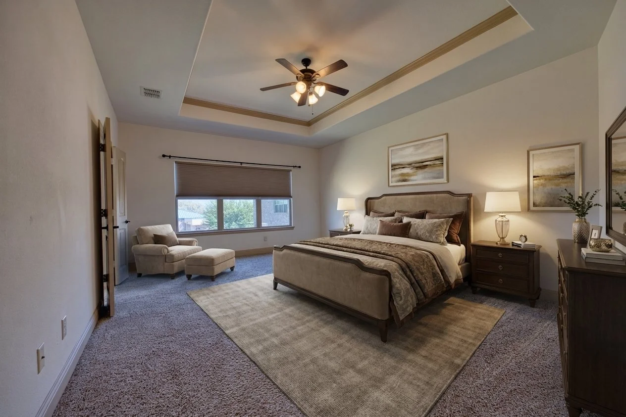 A spacious bedroom with a large bed, nightstands with lamps, two framed landscape paintings, a window with blinds, and a seating area with an armchair and ottoman.