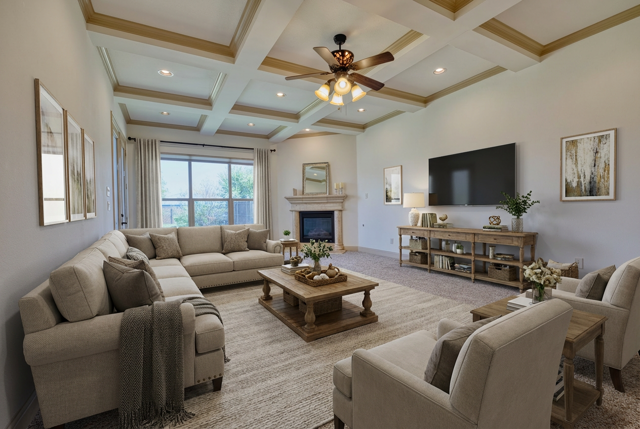 Living room with beige sofas, a wooden coffee table, a large window with curtains, a fireplace, a wall-mounted TV, and decorative paintings and plants.