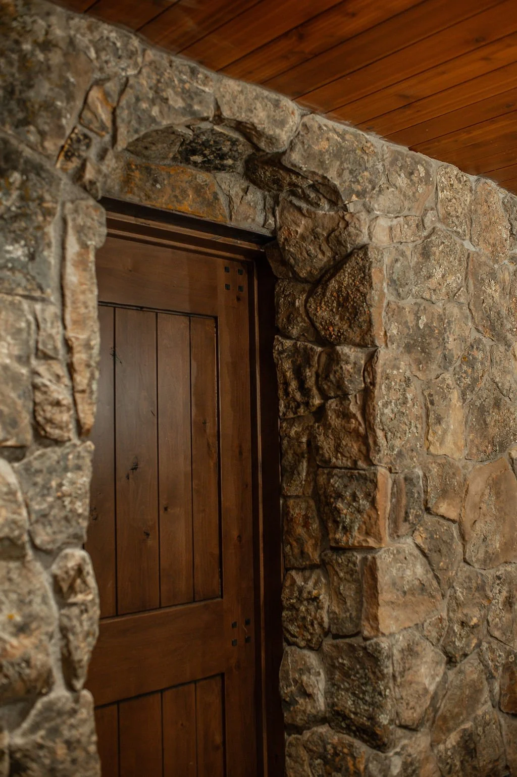 A rustic stone wall with a wooden door inset, surrounded by rough-hewn rocks and a wooden ceiling.