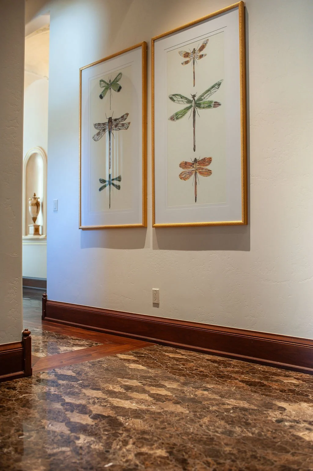 Two framed artworks featuring illustrations of colorful insects, specifically dragonflies, hanging on a white wall in a hallway with marble flooring.