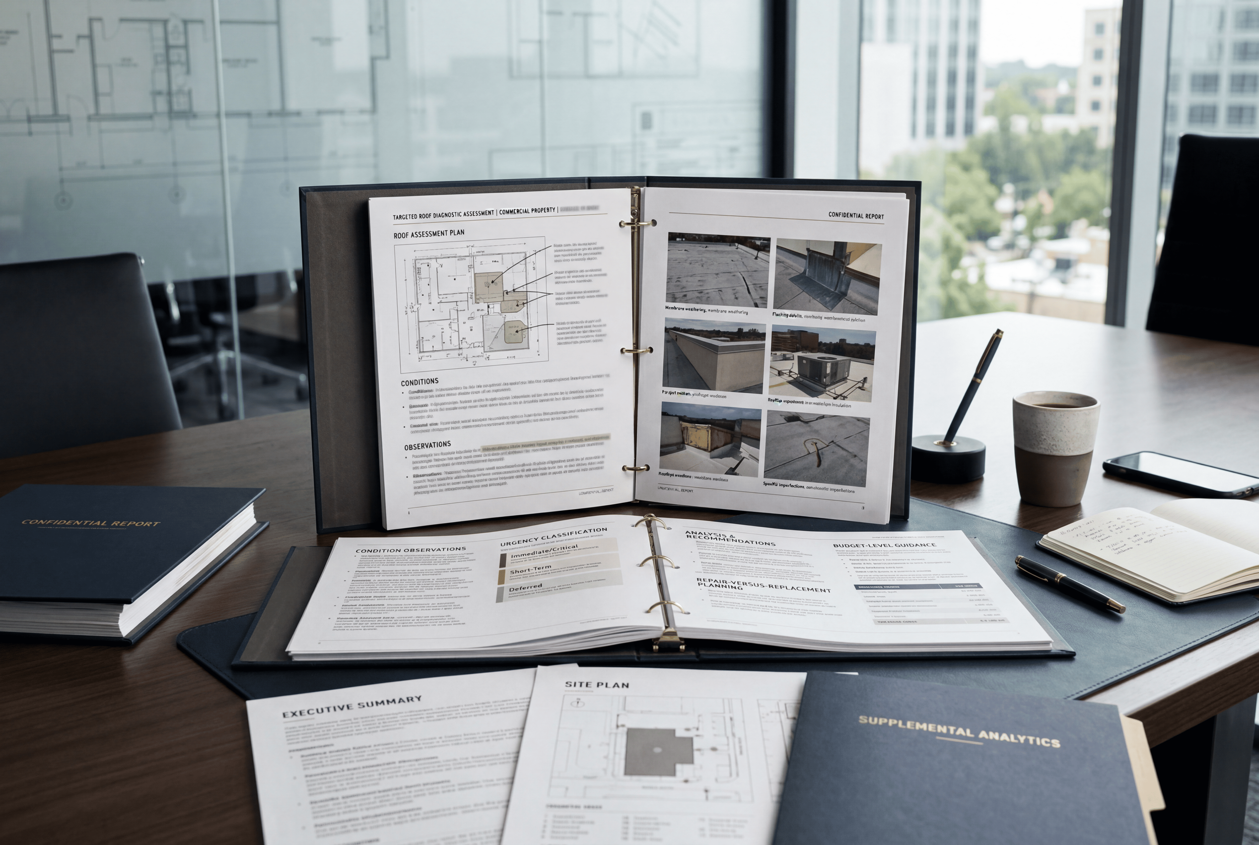 Targeted roof diagnostic assessment documentation prepared for commercial property ownership review