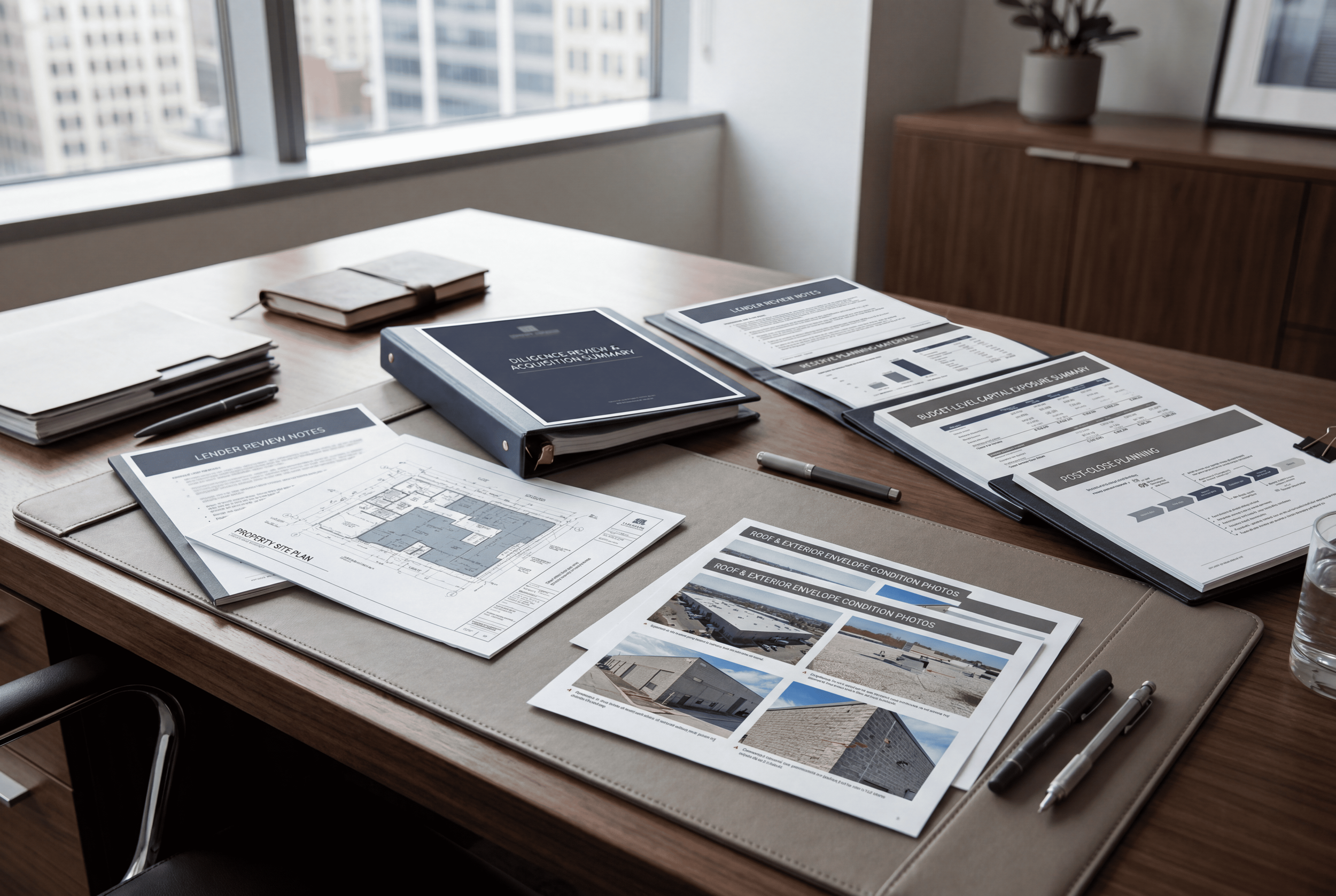 Organized acquisition property review documentation for roof, envelope, lender, and capital exposure visibility