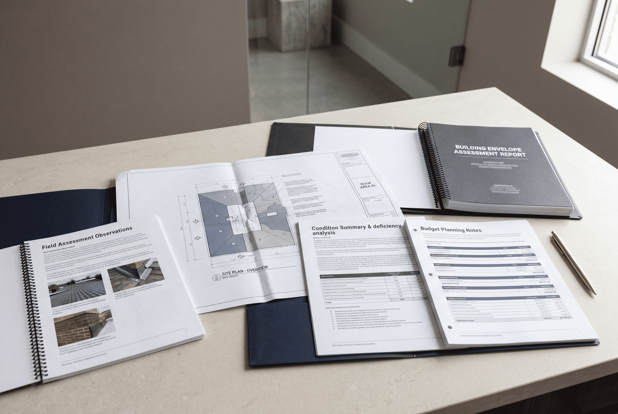 Organized field review and reporting materials for commercial roof and envelope assessment