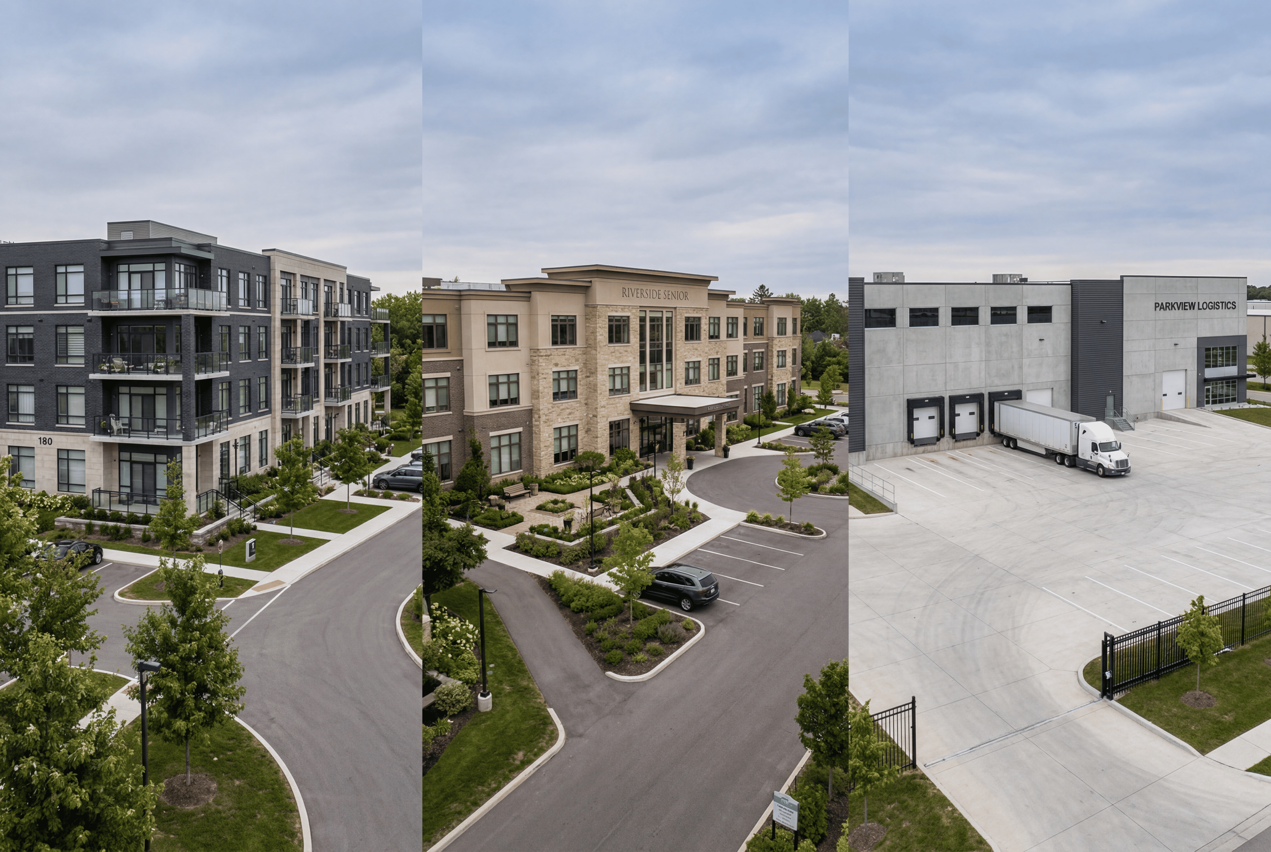 Portfolio-style commercial property imagery representing multifamily, senior housing, and industrial asset visibility