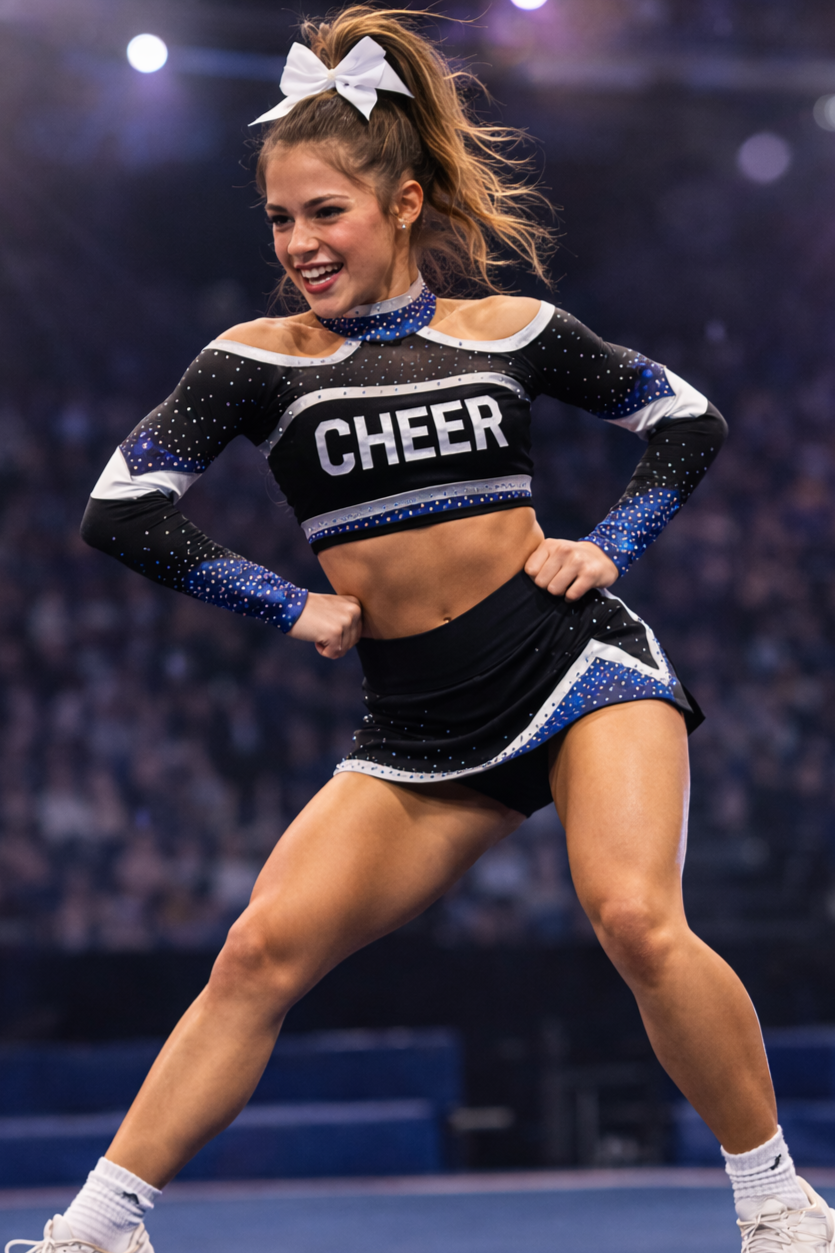 A young female cheerleader performing a dance move during a cheerleading event, wearing a black and blue cheerleading outfit with the word "CHEER" on her top, and a large white bow in her hair.
