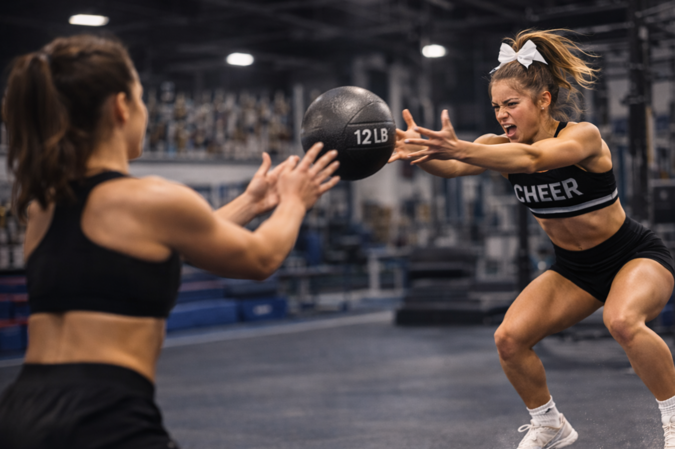 Two women cheerleaders practicing with a 12-pound black medicine ball in a gym, one is passing it to the other.