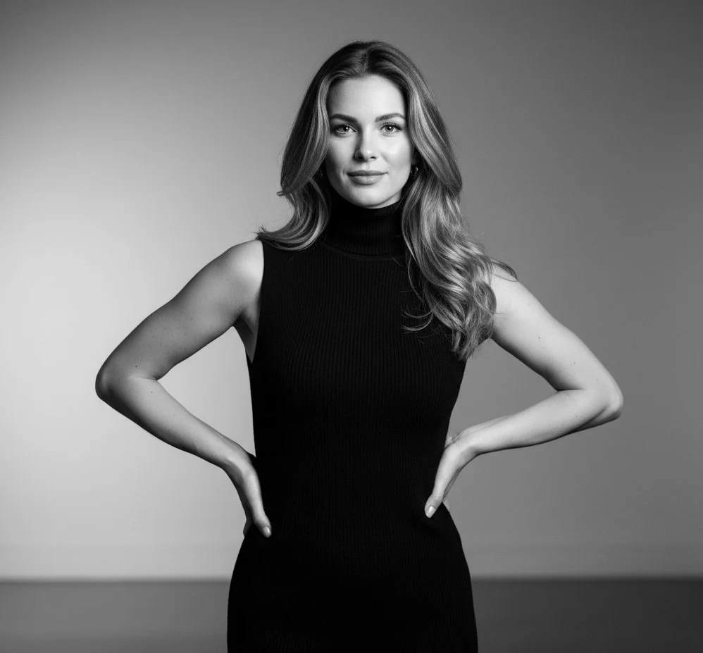 Black-and-white portrait of a woman with long, wavy hair, wearing a sleeveless turtleneck top, standing with hands on hips against a plain background.