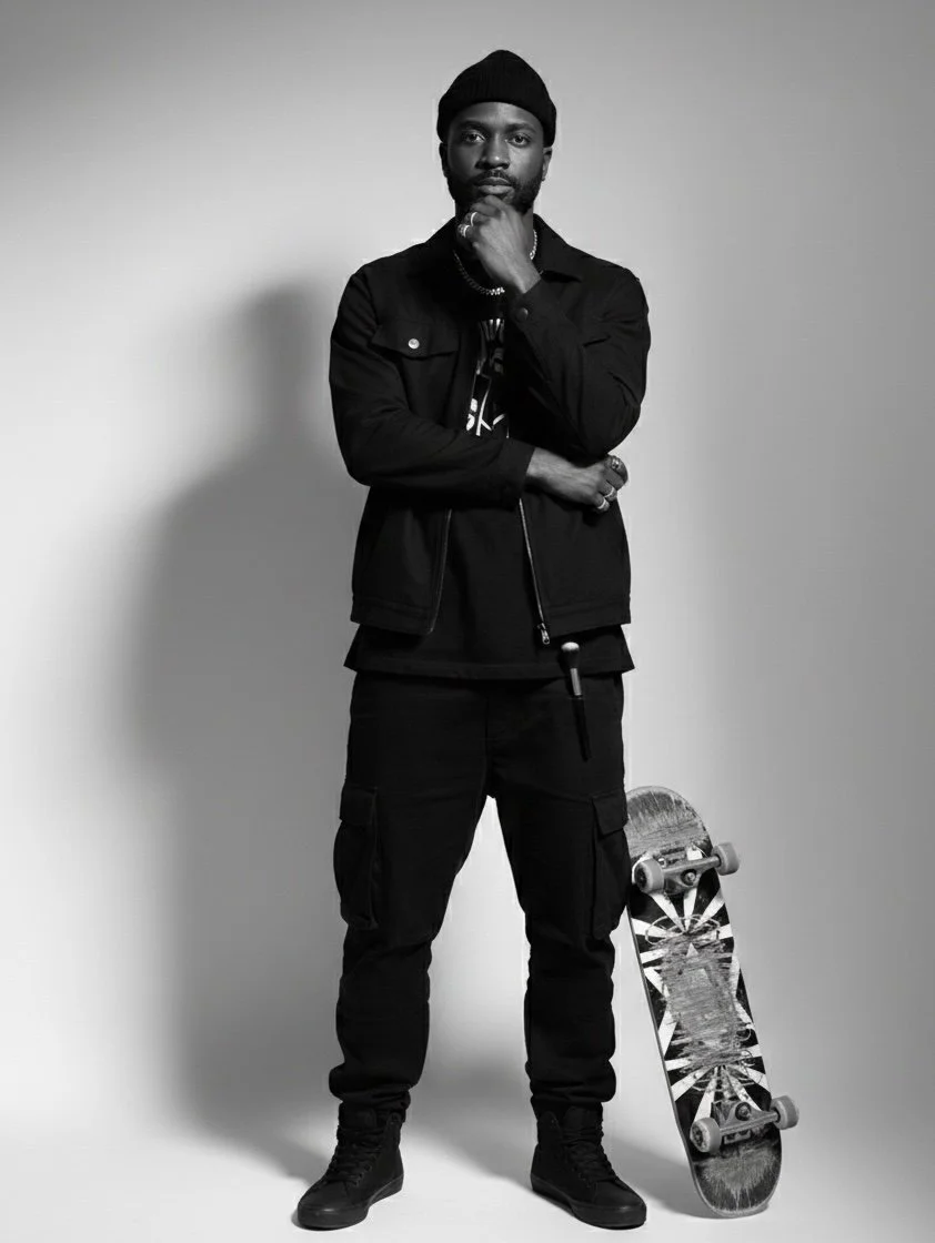 Black and white photo of a man with a beard wearing a beanie, jacket, and cargo pants, standing with one hand on his chin and the other arm crossed, next to a skateboard leaning against his leg.