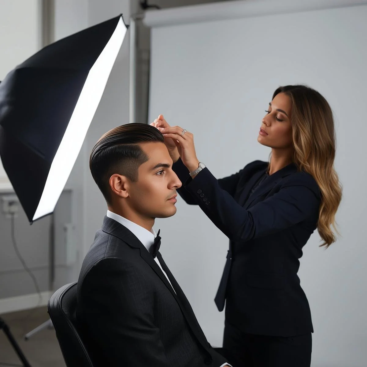 A woman styles a man's hair during a photo shoot using professional lighting equipment