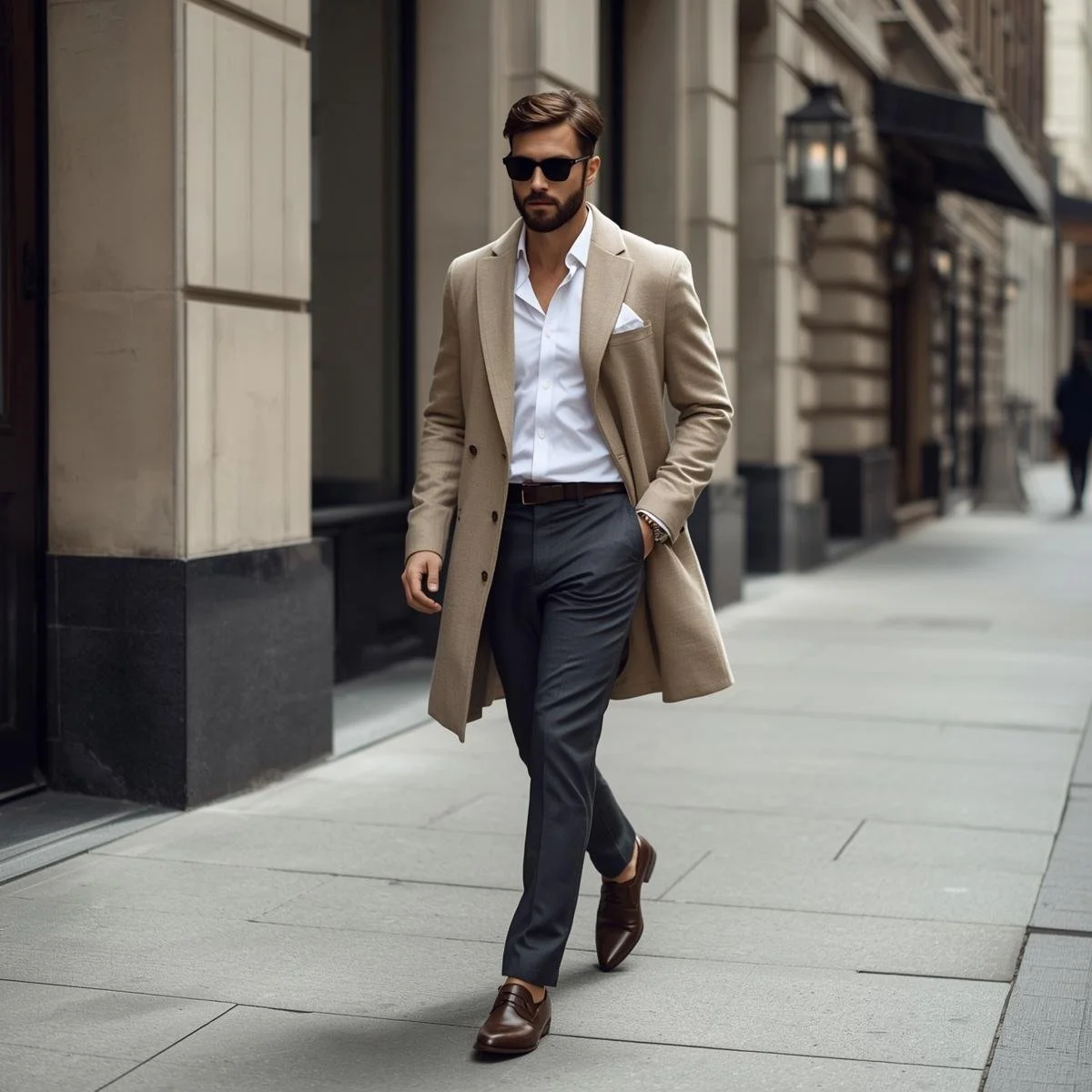 A man walking on a city sidewalk dressed in a beige overcoat, white shirt, dark gray pants, brown shoes, and sunglasses.