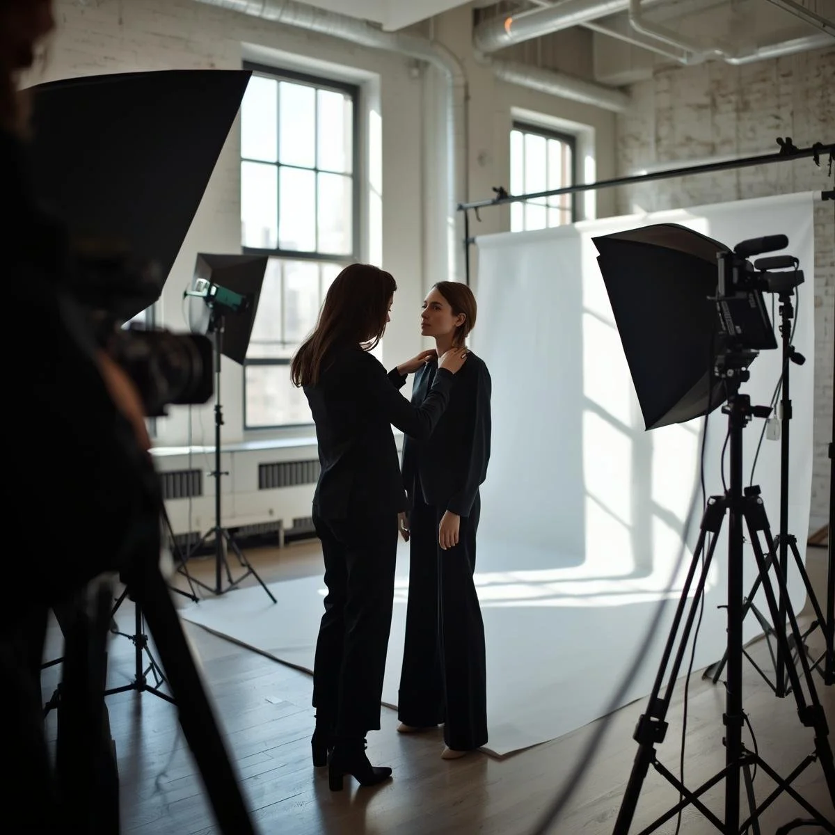 Two women in black professional attire interact in front of a white backdrop in a photography studio with large windows and studio lighting equipment.