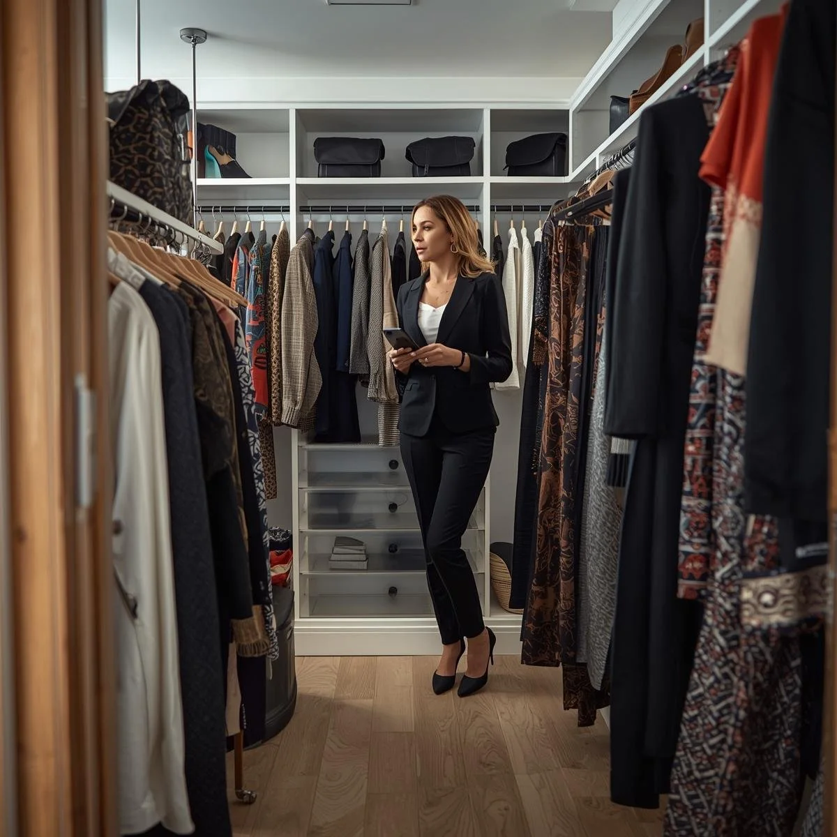 A woman in a black business suit and high heels standing in a walk-in closet with clothing racks and shelves, holding a phone.