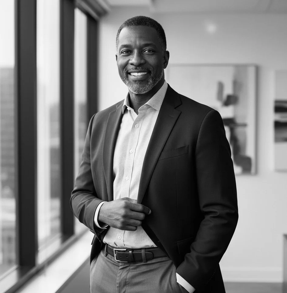 A smiling man in a suit stands in an office, looking at the camera, with large windows behind him.