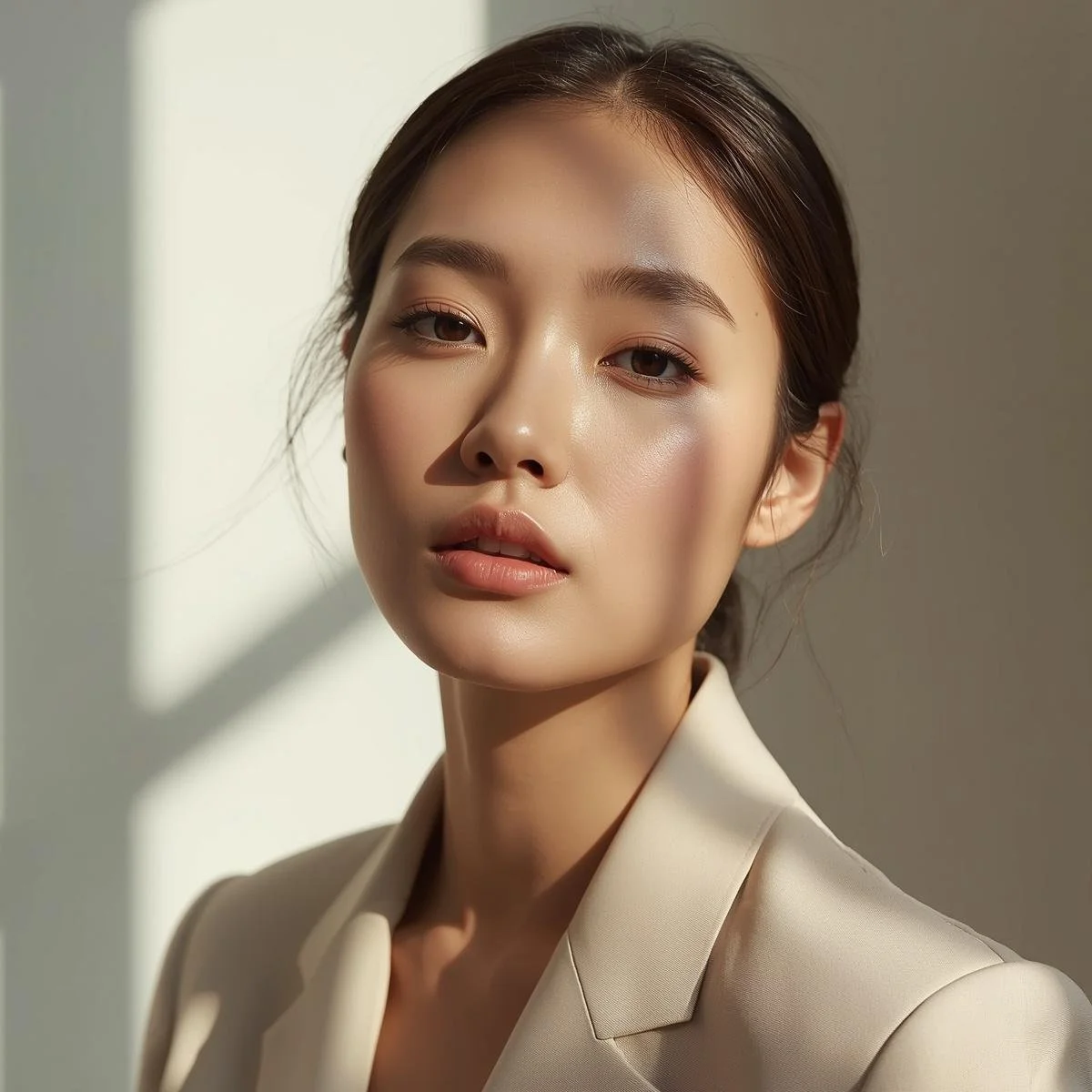 Close-up portrait of a young woman with smooth skin, minimal makeup, and dark hair tied back, standing near sunlight streaming in through a window.