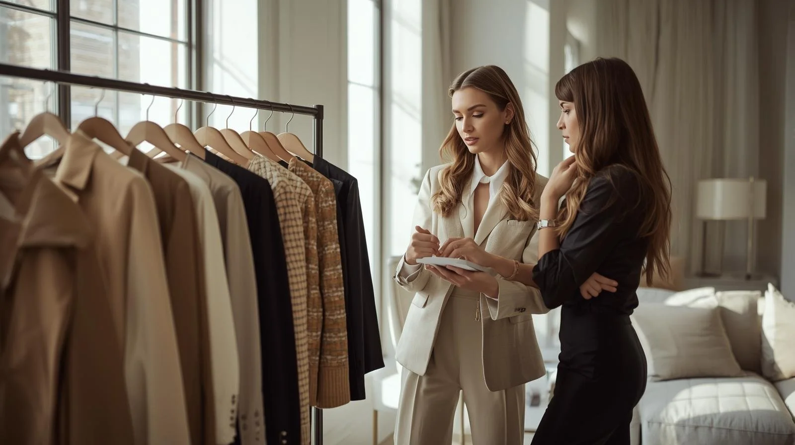 Two women shopping for clothes in a boutique, looking at a rack of tan, black, plaid, and beige garments.
