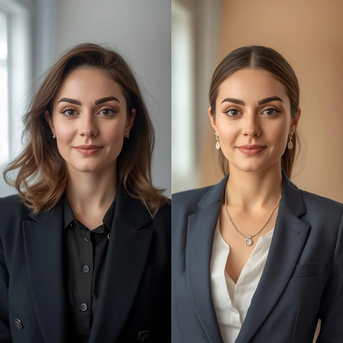 Split-screen image of two women dressed in professional attire, smiling in indoor settings with blurred backgrounds.