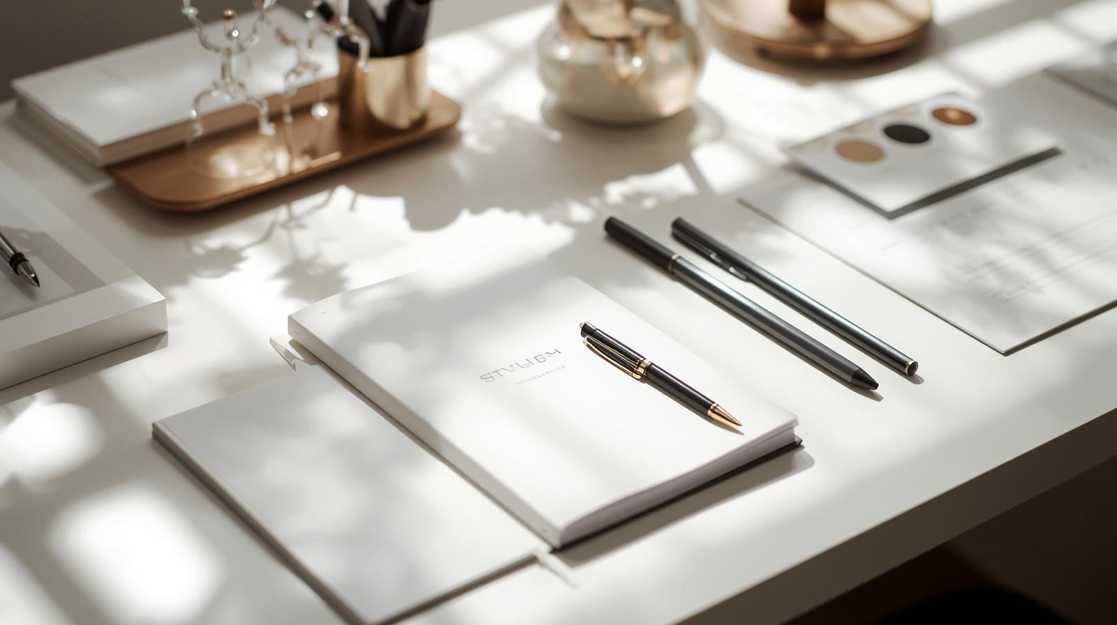 A white desk with a closed planner, black and gold pens, notebooks, and color swatches, with sunlight casting shadows on the surface.