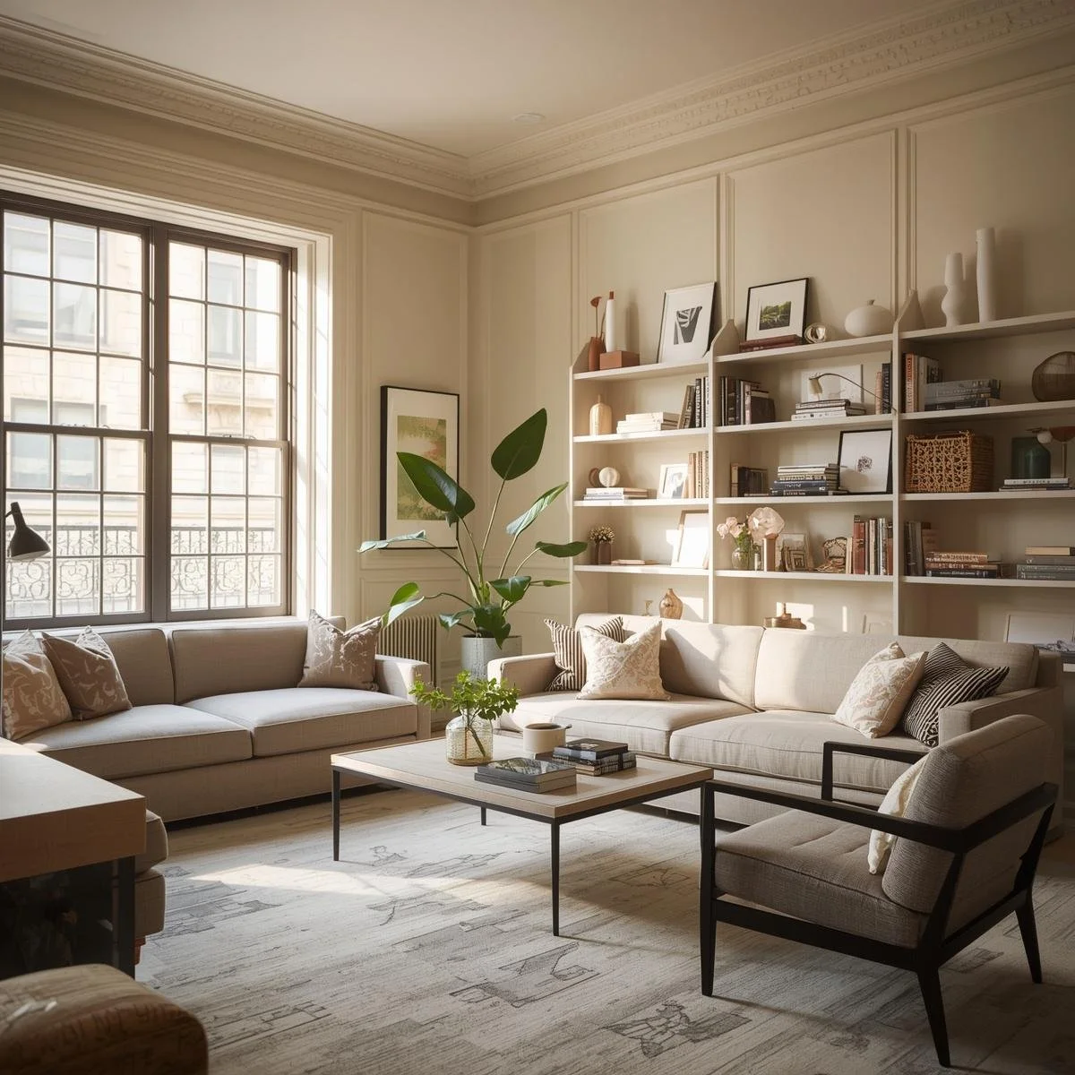 Bright living room with large window, beige sofas with decorative pillows, a coffee table with books and plants, and a white bookshelf filled with books and decor items.
