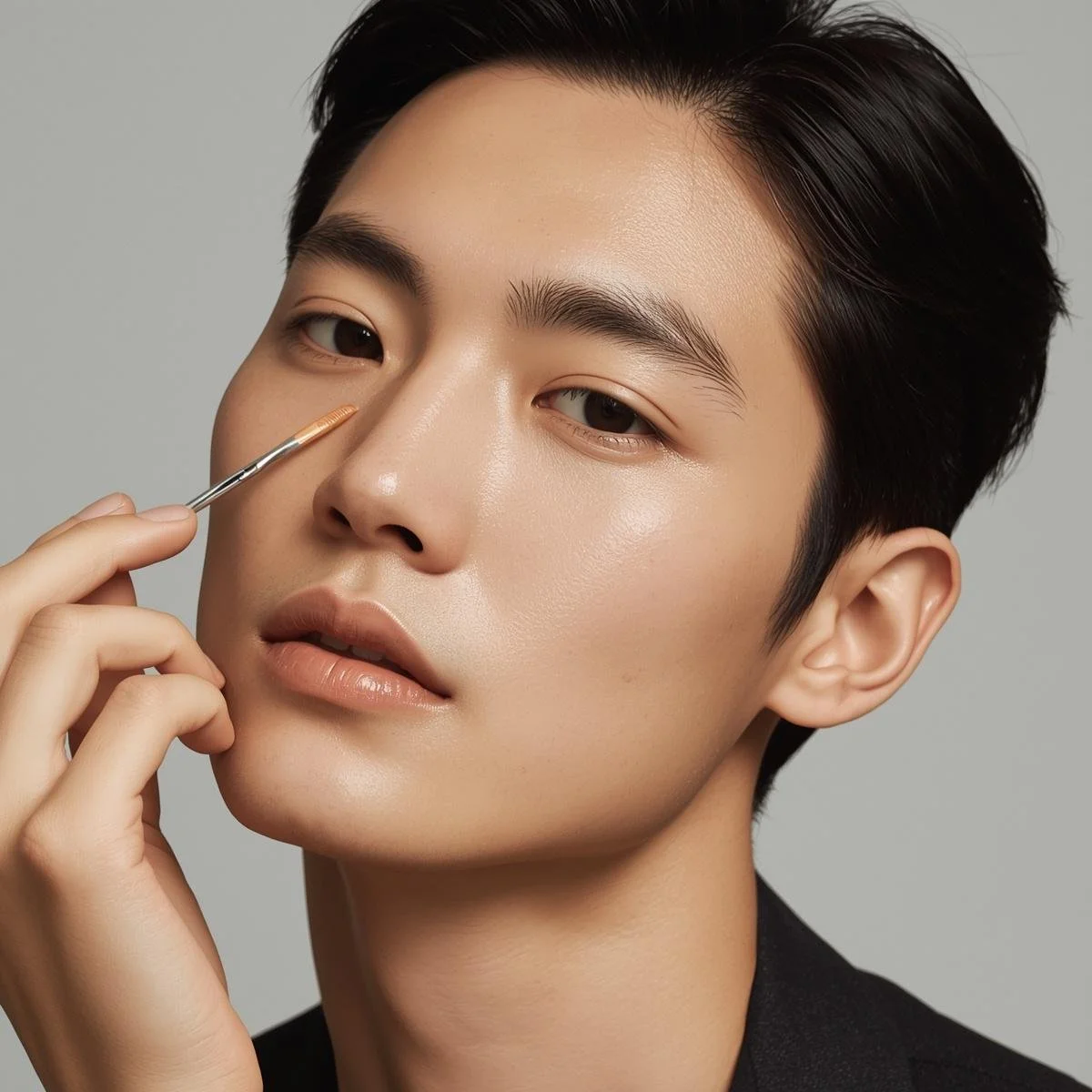 A person with clear skin and dark hair applying eye makeup using a thin brush.