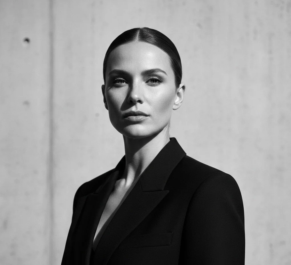 Black and white portrait of a woman with slicked-back hair wearing a tailored blazer, standing against a plain, textured background.