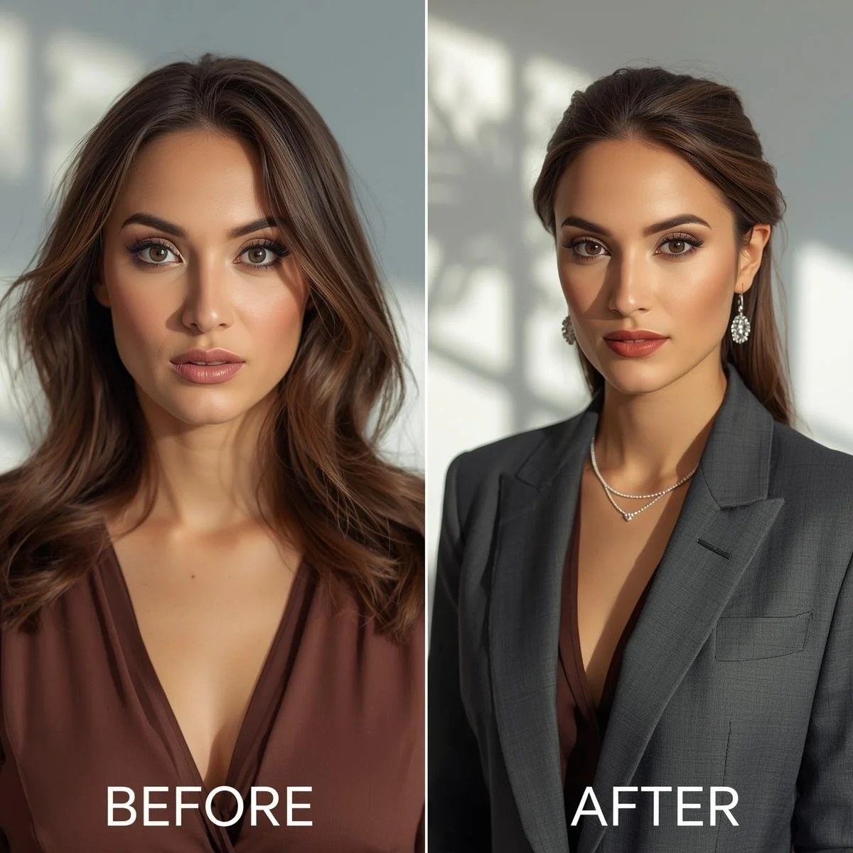 Side-by-side photos of the same woman, on the left with loose, wavy hair, wearing a brown top; on the right with styled hair, wearing a gray blazer and jewelry, in professional attire.