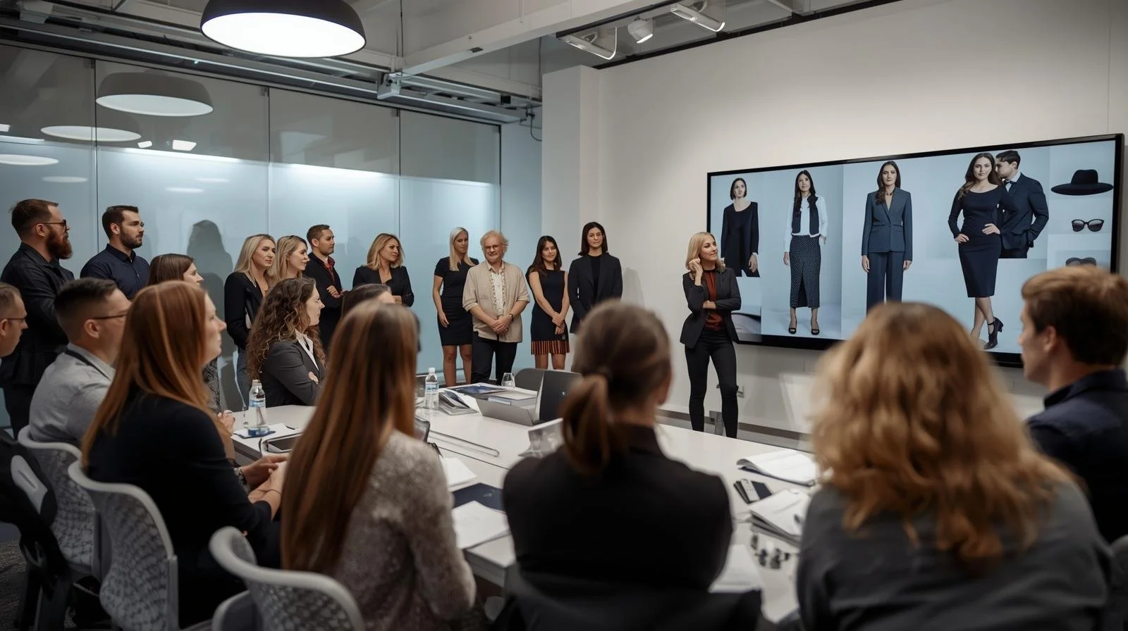 A group of people attending a presentation in a conference room, with a woman speaking in front of a large screen displaying images of women in business attire and accessories.
