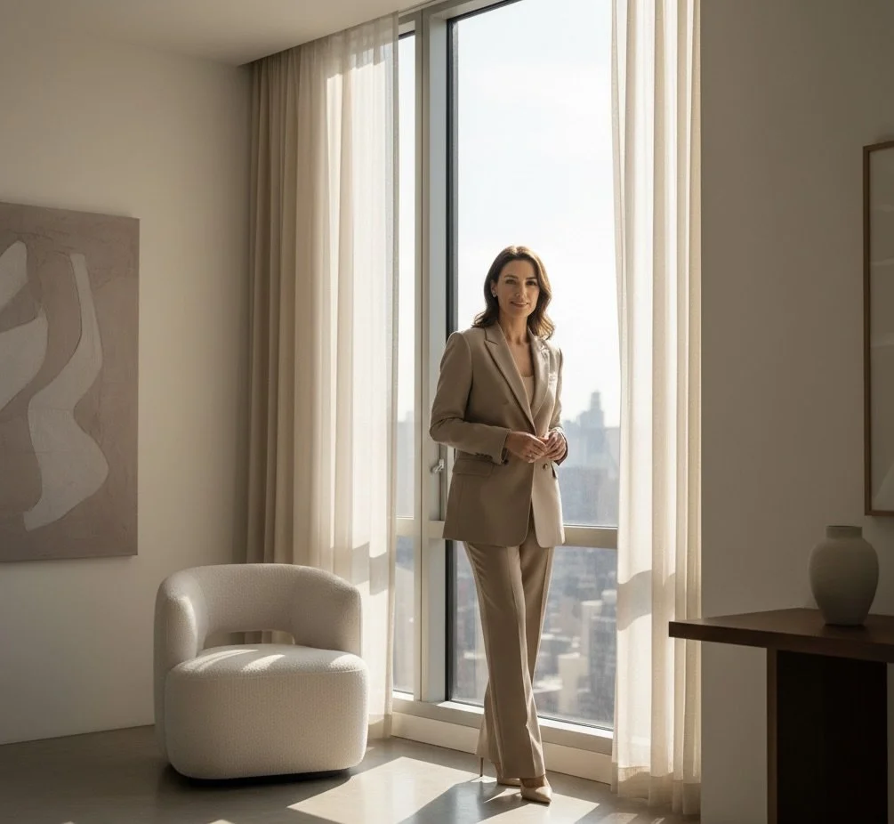 A woman in a beige business suit standing by a large window with sheer curtains in a modern, softly lit room with minimal decor.