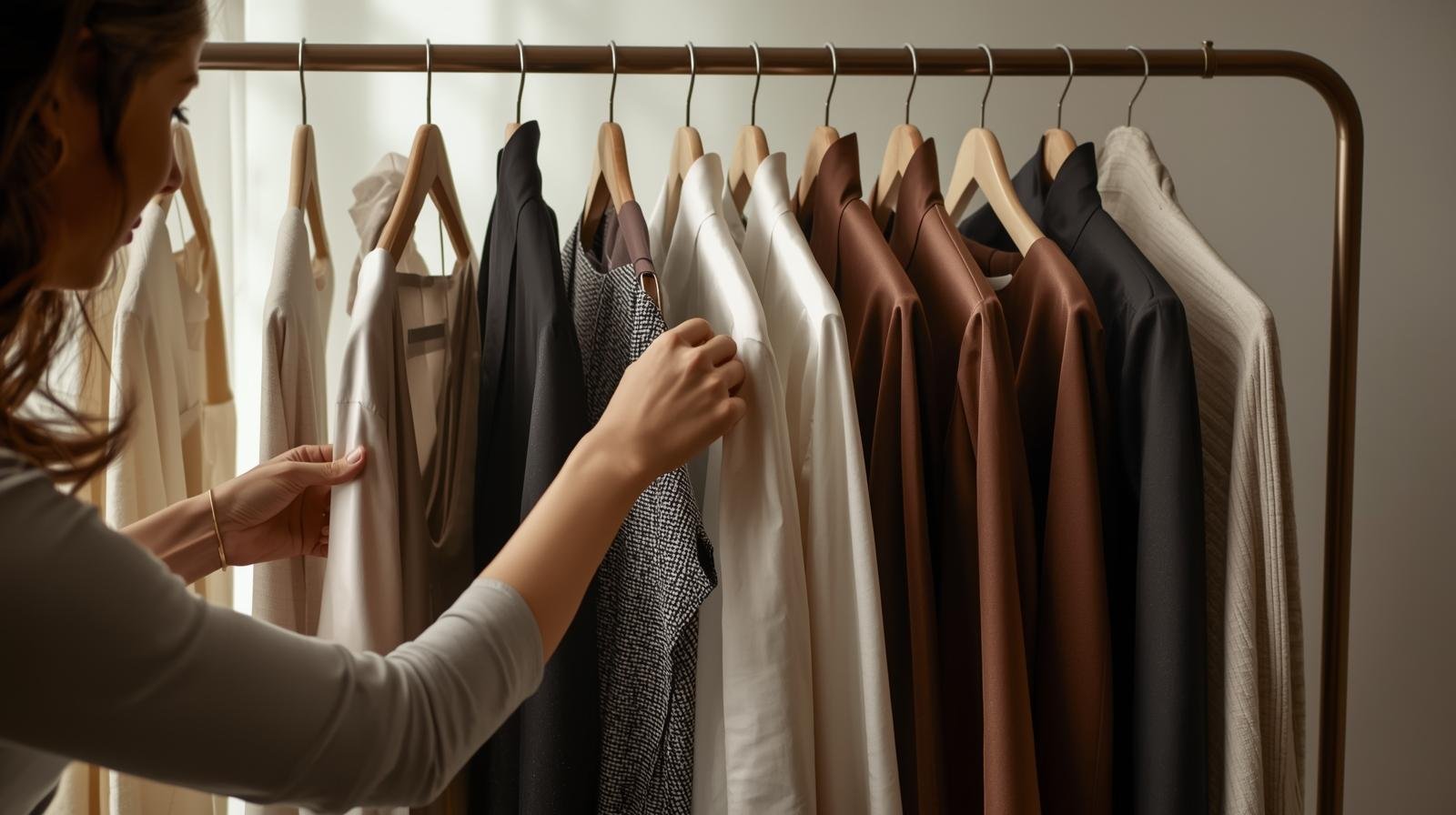 Woman shopping for clothes at a clothing rack filled with various women's blouses and shirts in neutral and earth tones.
