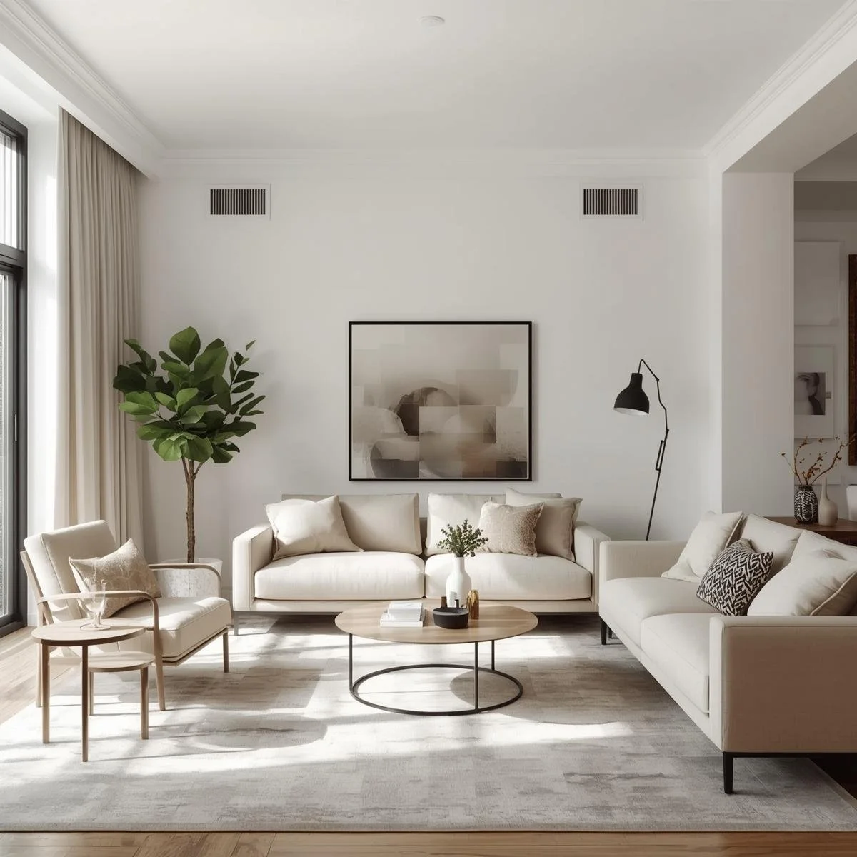 A modern, minimalistic living room with white sofas, a wooden coffee table, a large potted plant, and contemporary artwork on the wall.