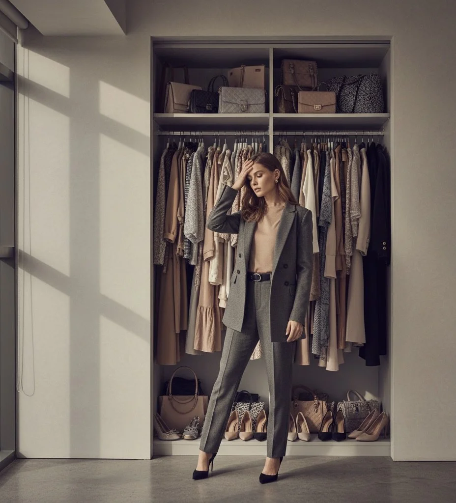 A woman in a gray suit standing in front of an organized closet with clothing, handbags, and shoes.