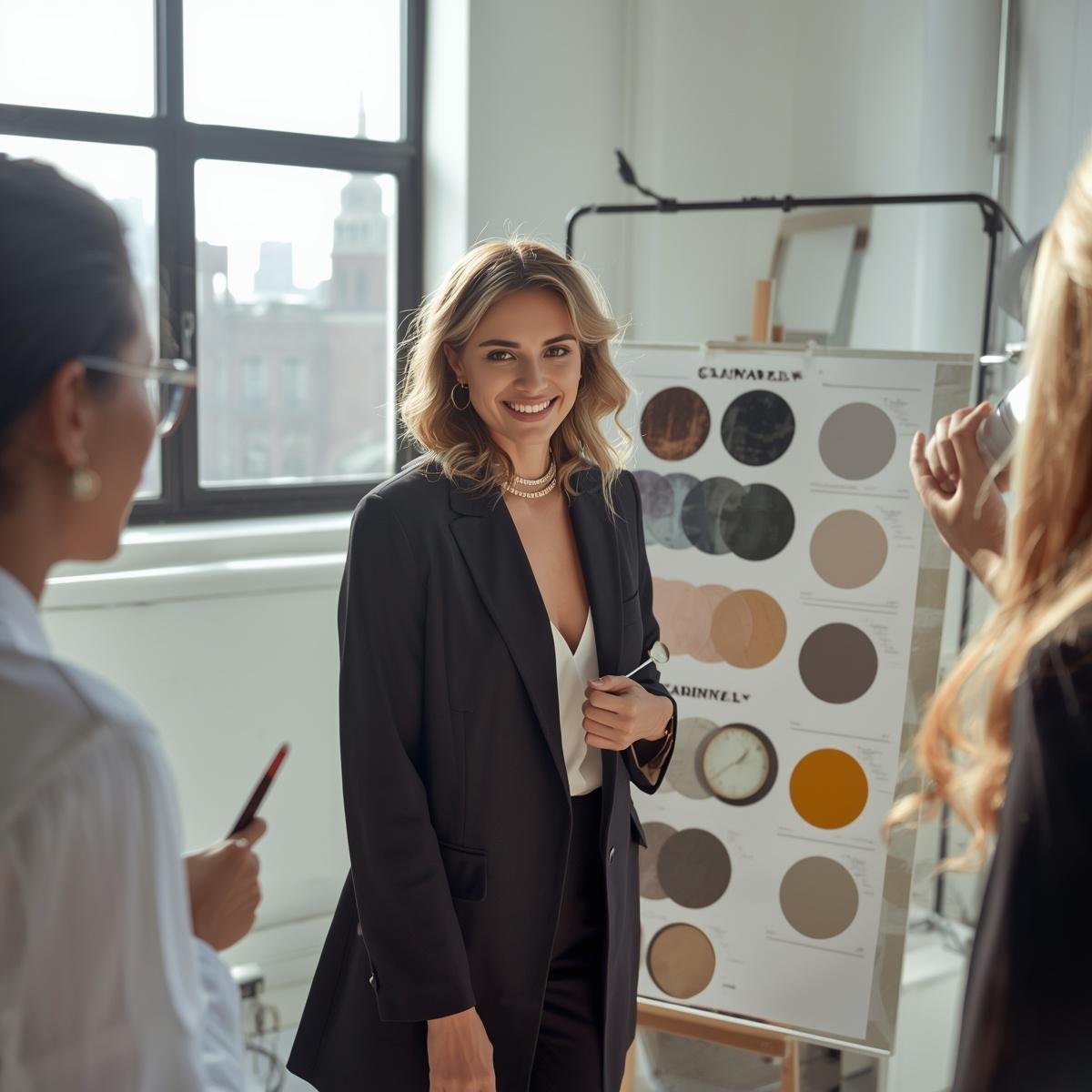 Businesswoman smiling in a meeting with two women in an office, standing near a color chart and a clock.