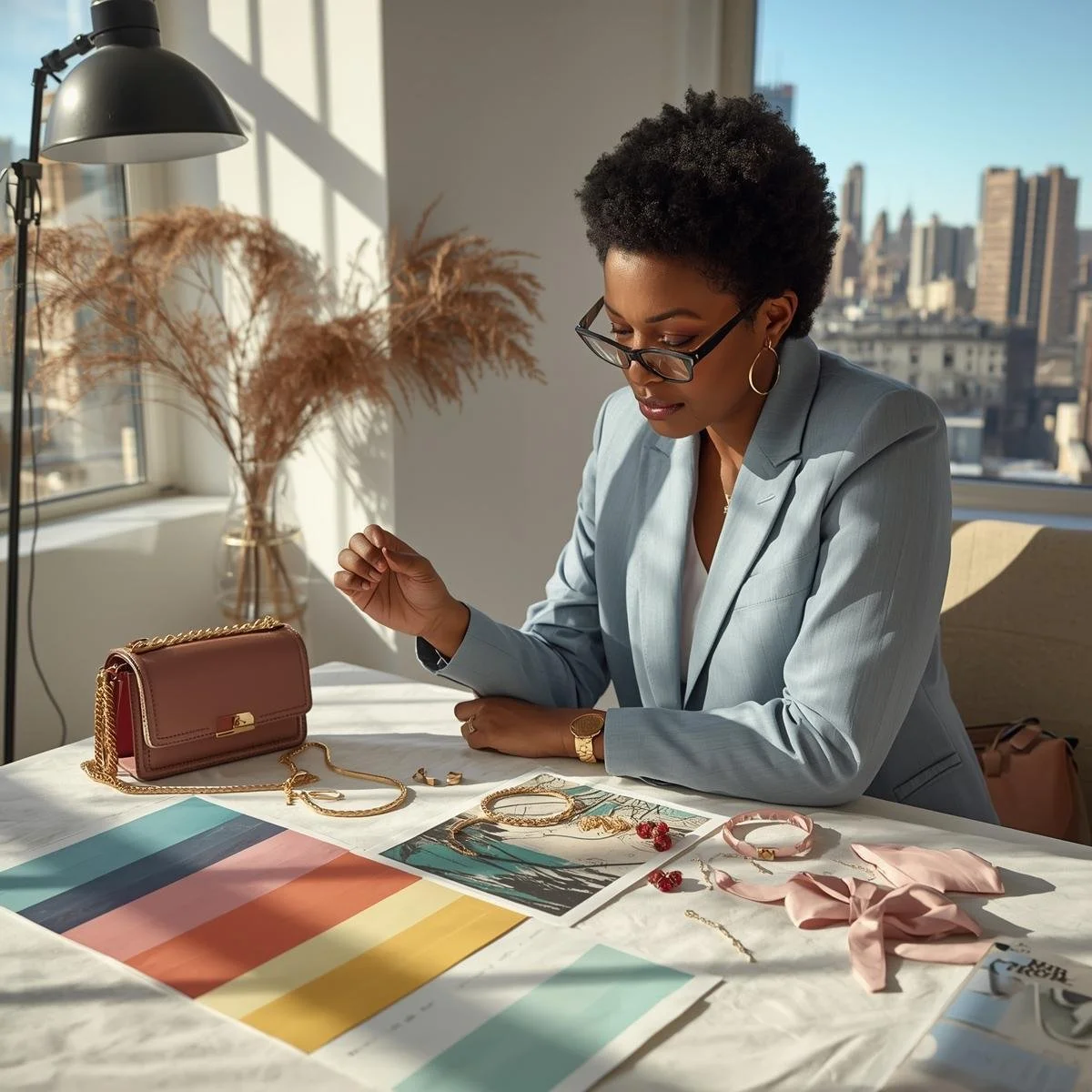 A woman sitting at a table in a bright room with large windows and city skyline view, working on jewelry and fashion design concepts, with color swatches, jewelry pieces, and a purse on the table.