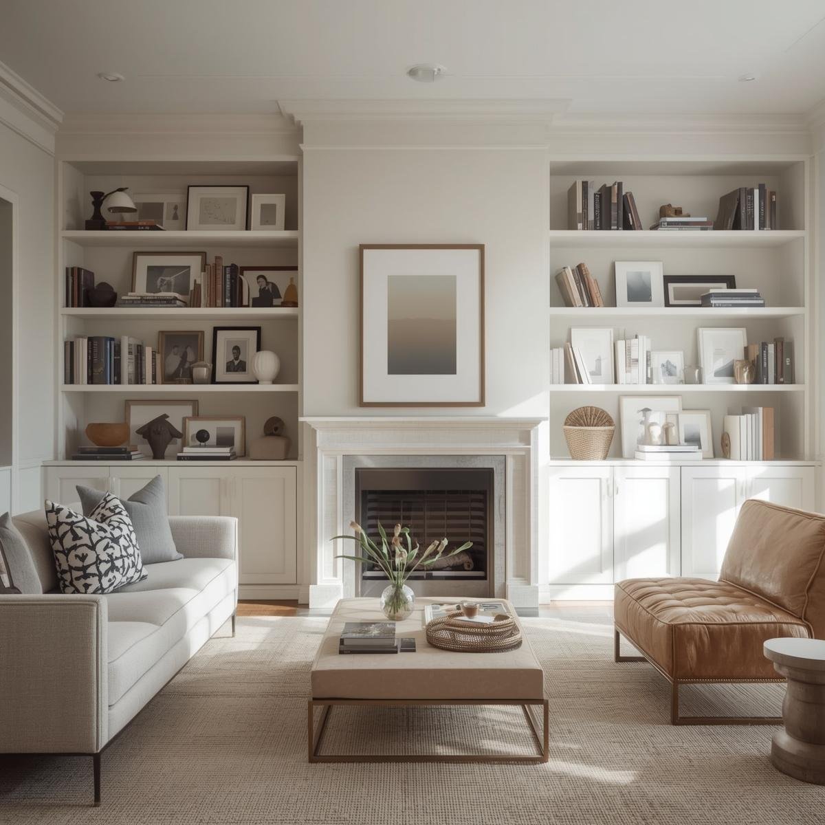 Living room with white built-in bookshelves, fireplace, beige sofa, brown leather chaise lounge, coffee table with books and decor, and decorative pillows.