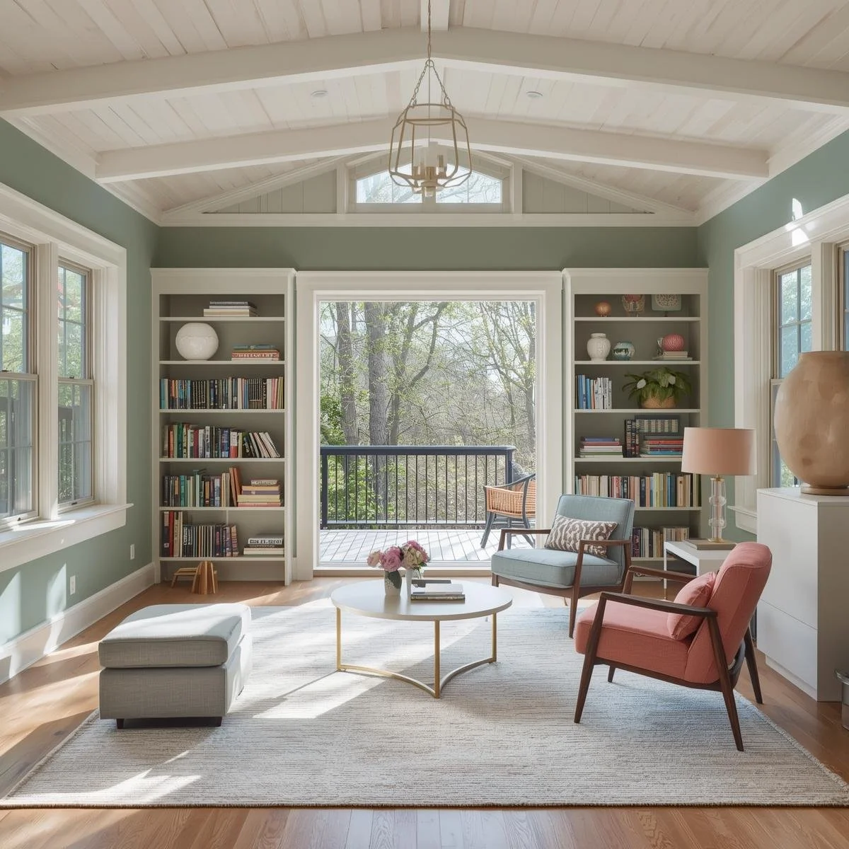Living room with large windows, bookshelf, white coffee table, pink and blue armchairs, a rug, and a view of a balcony with outdoor furniture.