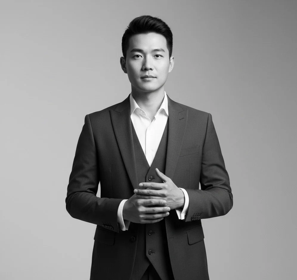 Black and white portrait of a young man in a suit, standing against a plain background, looking confidently at the camera with one hand resting on his chest.