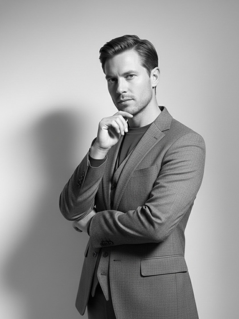 Black and white portrait of a young man in a suit, with one hand touching his chin and looking confidently at the camera.