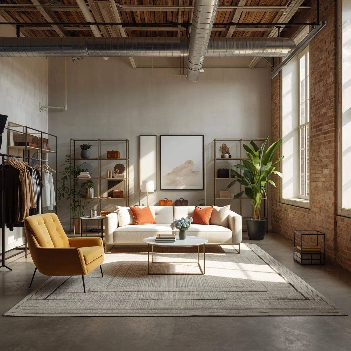 Modern living room with a white sofa, yellow armchair, and tall green plant by large windows. Decor includes framed artwork, shelves with books and decor, and a round coffee table with flowers.
