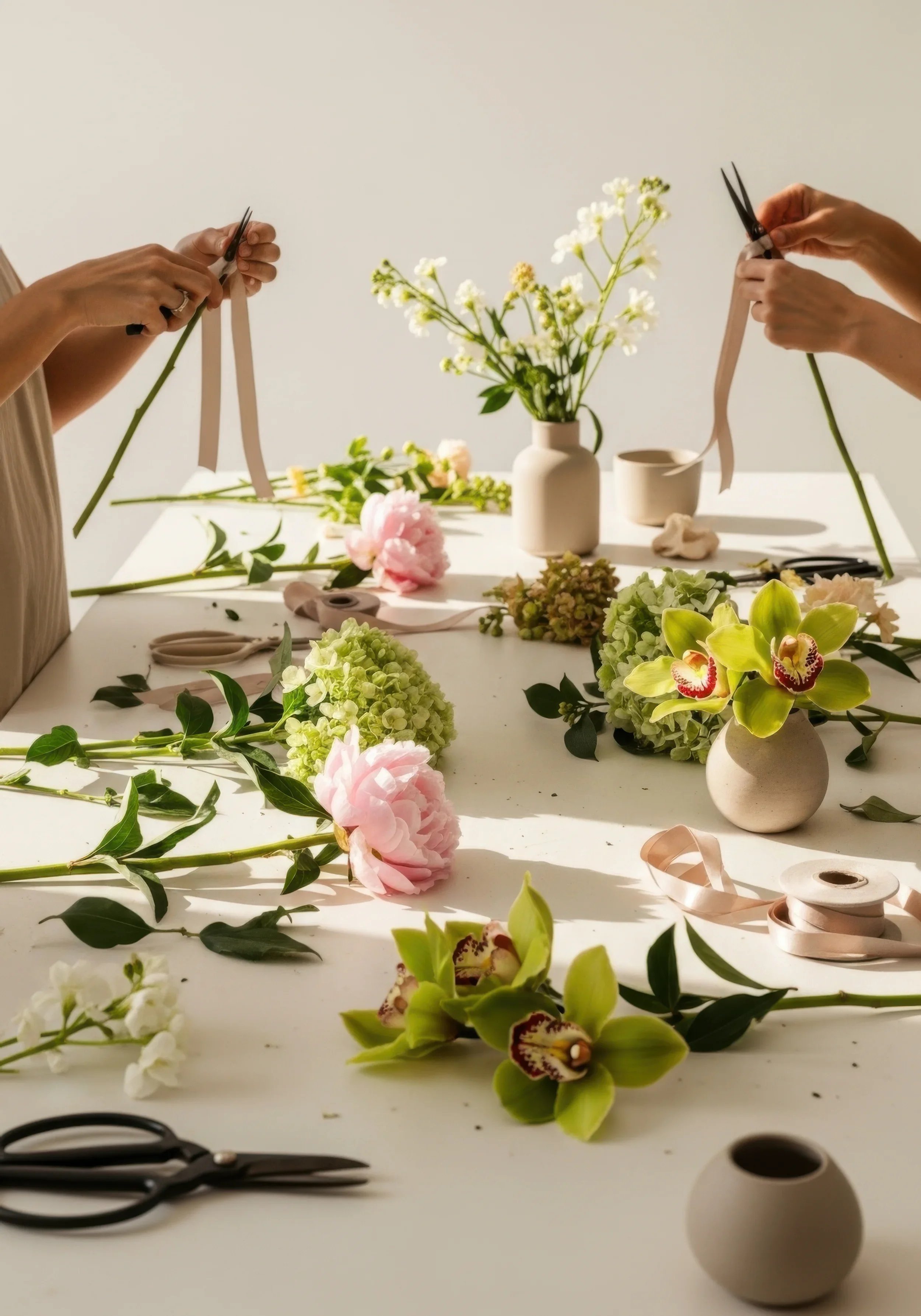 People arranging flowers with scissors and ribbons on a white table, with vases of fresh flowers including orchids and peonies.