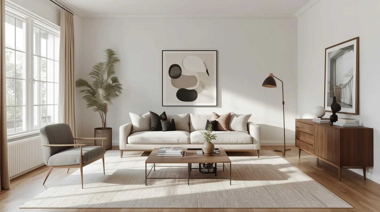 Modern living room with a white sofa, abstract art on the wall, a gray armchair, a wooden coffee table with plants, tall window with beige curtains, a dark floor lamp, a wooden sideboard, and decorative items including books and vases.