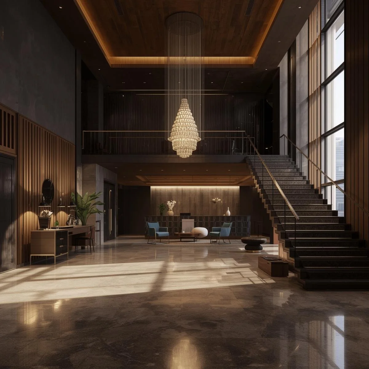 Elegant hotel lobby with high ceilings, a large chandelier, and a staircase on the right. The space features modern furniture, wooden wall accents, and natural light coming through tall windows.