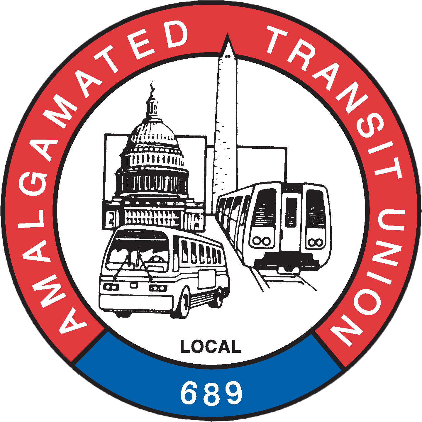 Safety badge with illustrations of the U.S. Capitol building, a subway train, and a bus, with the text 'AMALGAMATED TRANSIT WORKER' on the top and 'LOCAL 689' at the bottom.