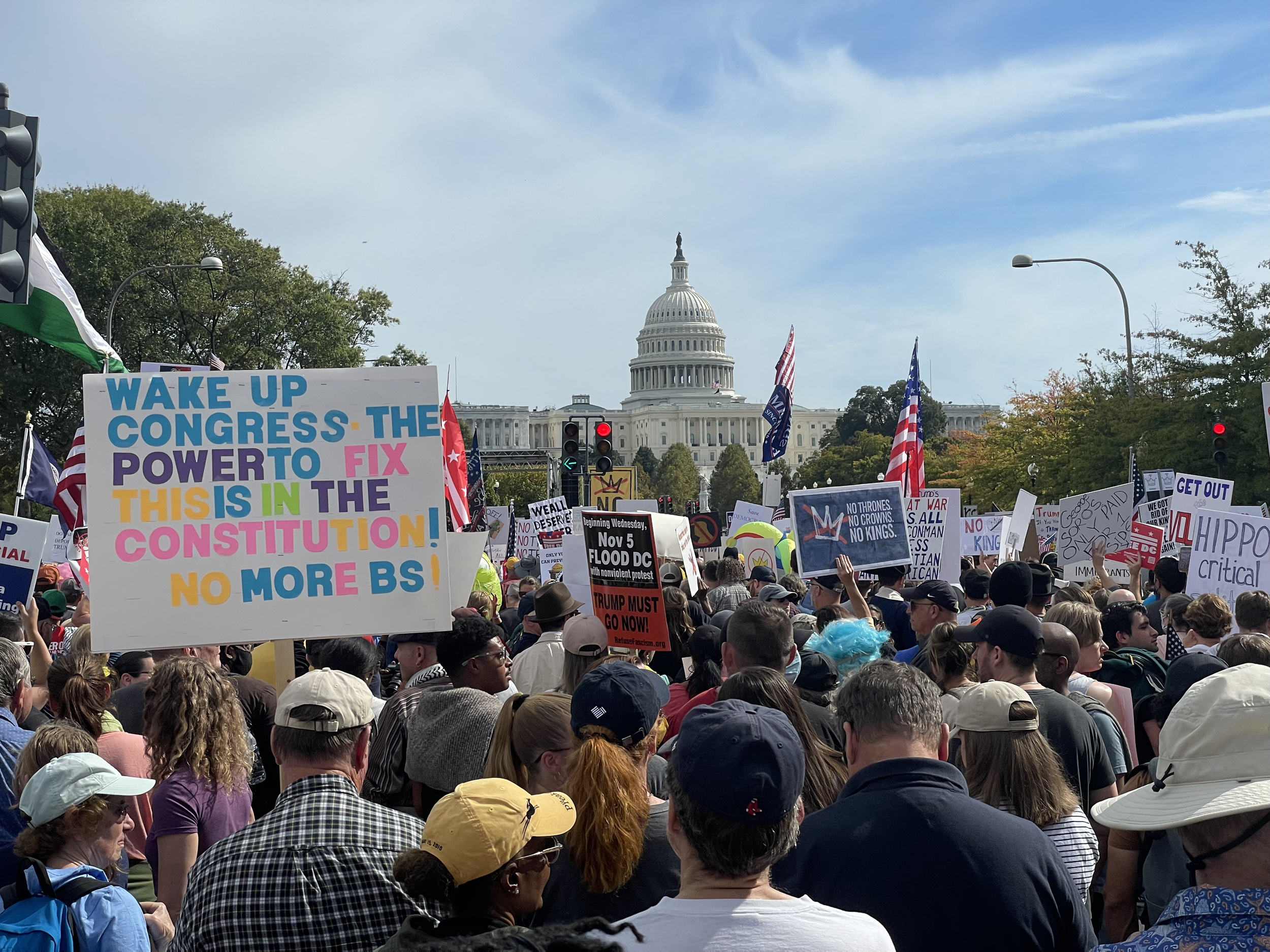 Crowd of No Kings protesters holding signs in front of the U.S. Capitol building on a sunny day. Credit: Evan Smith