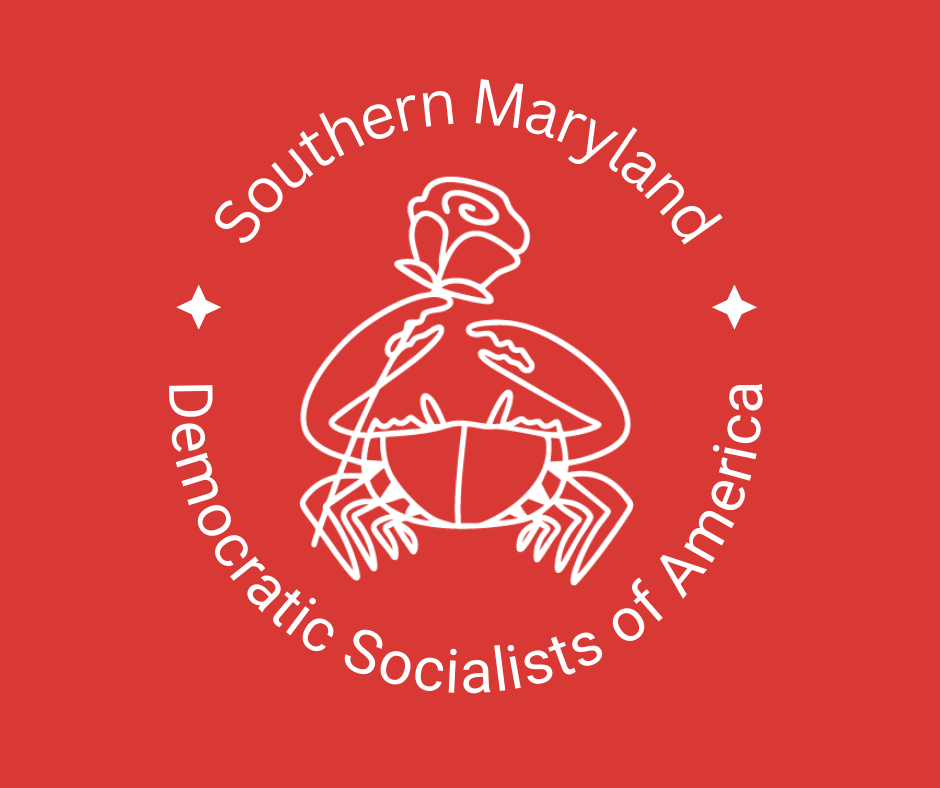 Red background with white circular logo for Southern Maryland Democratic Socialists of America, featuring a line drawing of a crab in the center surrounded by the group's name.