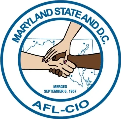 Illustration of a handshake over a map of Maryland, with text reading "Maryland State and D.C. Merged September 6, 1957," representing union between Maryland and D.C., AFL-CIO.